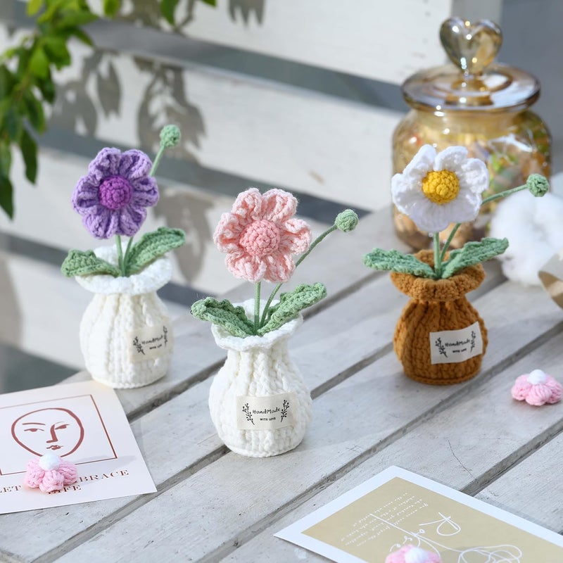 YOOJEE Christmas Crochet Flower Pot Thank You Crochet Gifts for Women Mom Teacher Friends Sister Coworker Handmade Knitted Daisy Pink Plant Birthday Wedding Home Holiday Cute Office Desk Decor - Image 3
